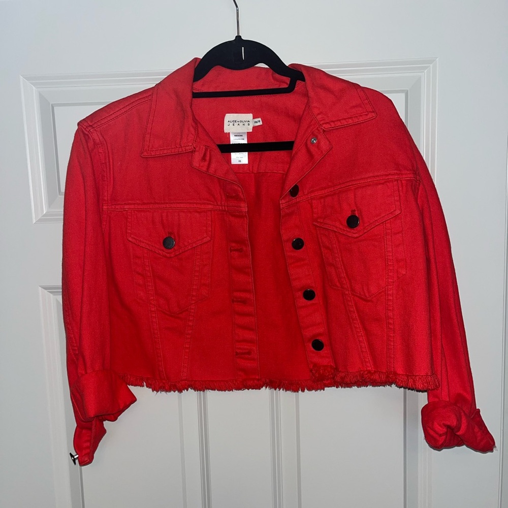 Alice and Olivia Cropped Jean Jacket in Red! Pretty much Brand New!